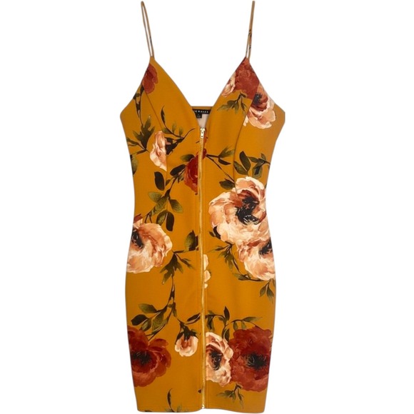 Haute Monde Mustard Yellow Floral Party 90's Wedding Guest Bodycon Mini Dress L - Picture 2 of 5